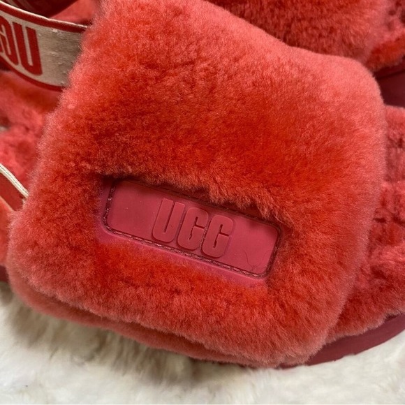 UGG Disco Slides Sandals Pink Cloud Sheepskin Fluff Fur‎ Slingback Strap Logo 7 - Picture 8 of 15